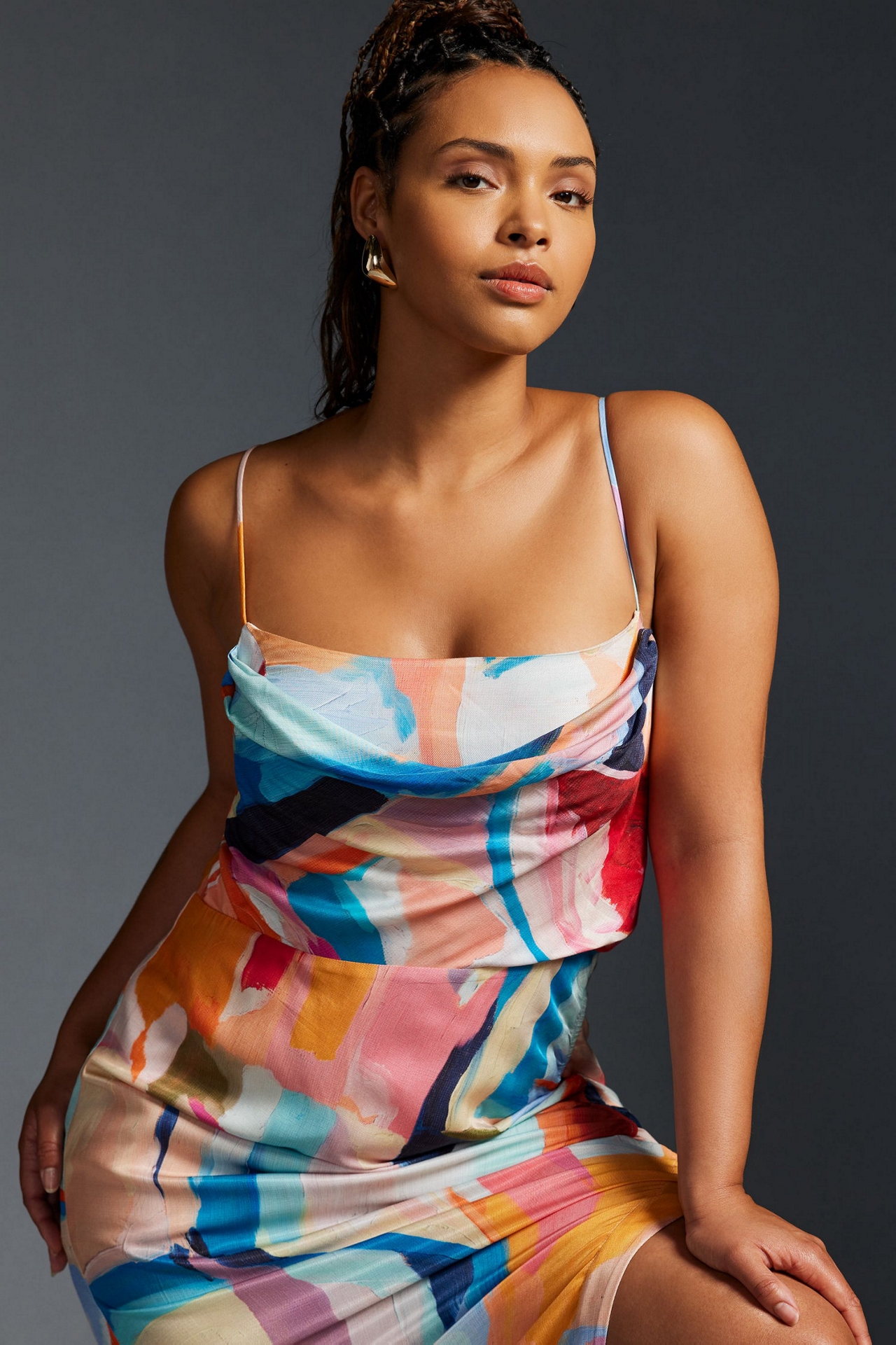 Cowl-Neck Ruched Slip Dress