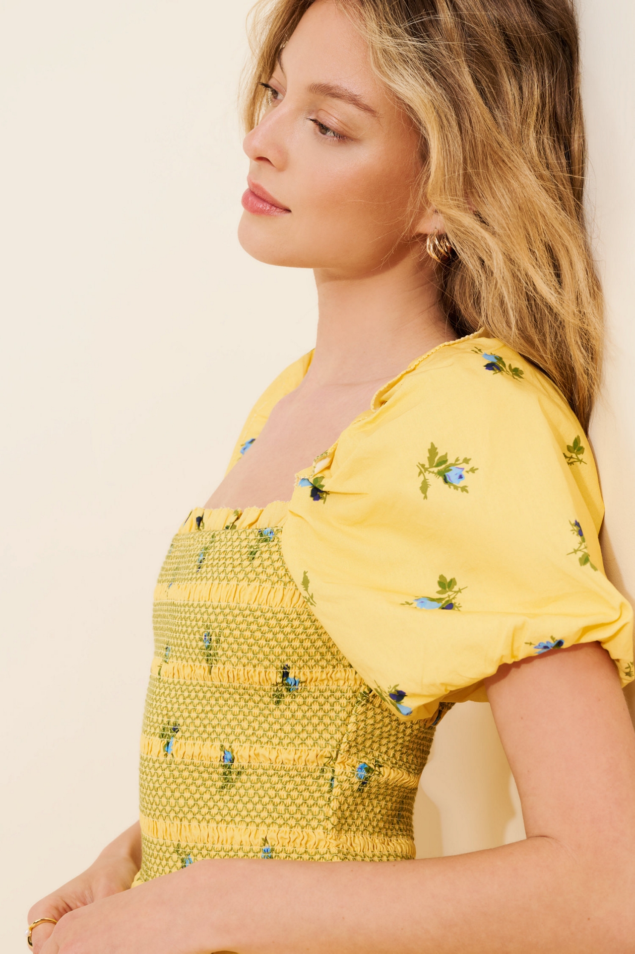 Puff-Sleeve Square-Neck Smocked Mini Dress