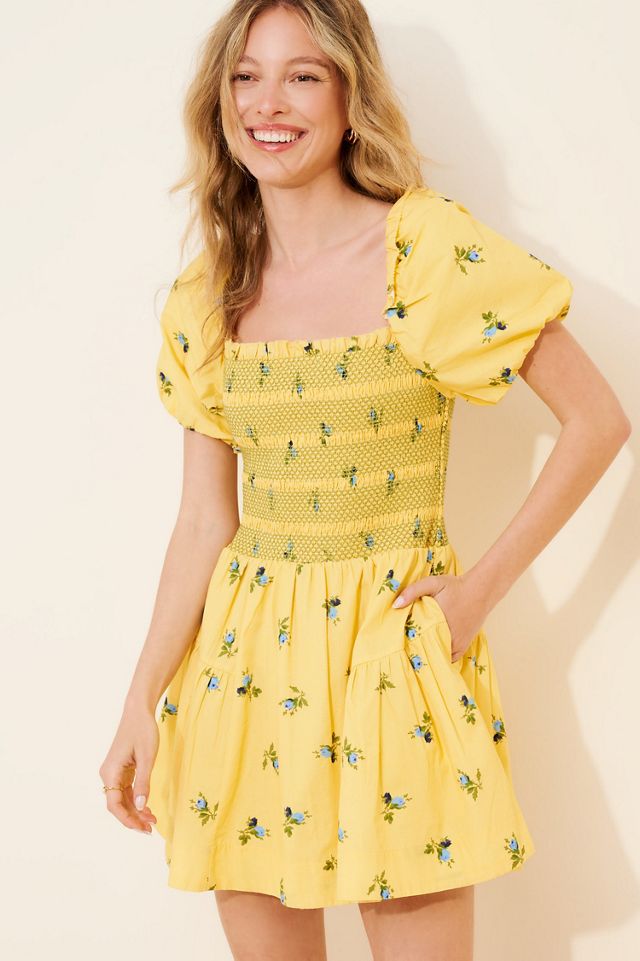 Puff-Sleeve Square-Neck Smocked Mini Dress #4