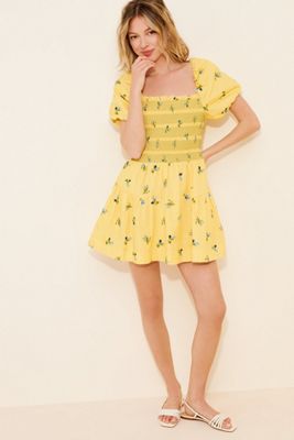 Puff-Sleeve Square-Neck Smocked Mini Dress