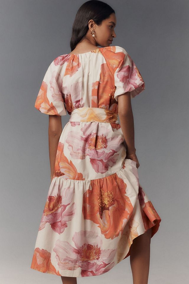 the wolf gang flores one shoulder rose midi dress yellow Yellow One Shoulder Floral Tiered Midi Dress