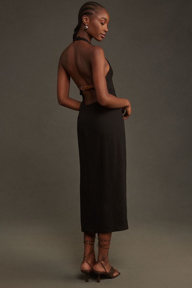 Linen Asymmetrical Halter Belt Back Column Midi Dress | Anthropologie