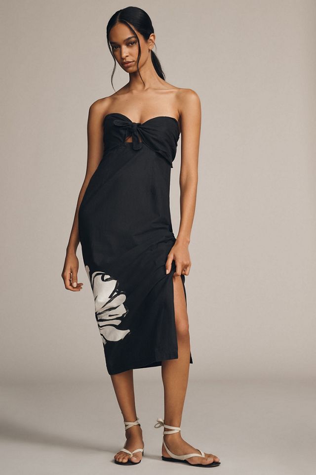 Maeve Strapless Linen Blend Twist-Front Midi Dress