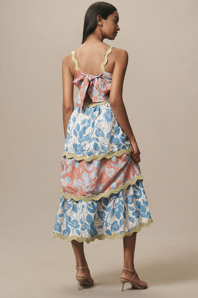 FARM Rio Linen Blend Tiered Ric Rac Midi Dress | Anthropologie
