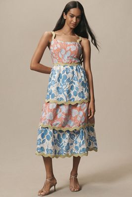 FARM Rio Linen Blend Tiered Ric Rac Midi Dress