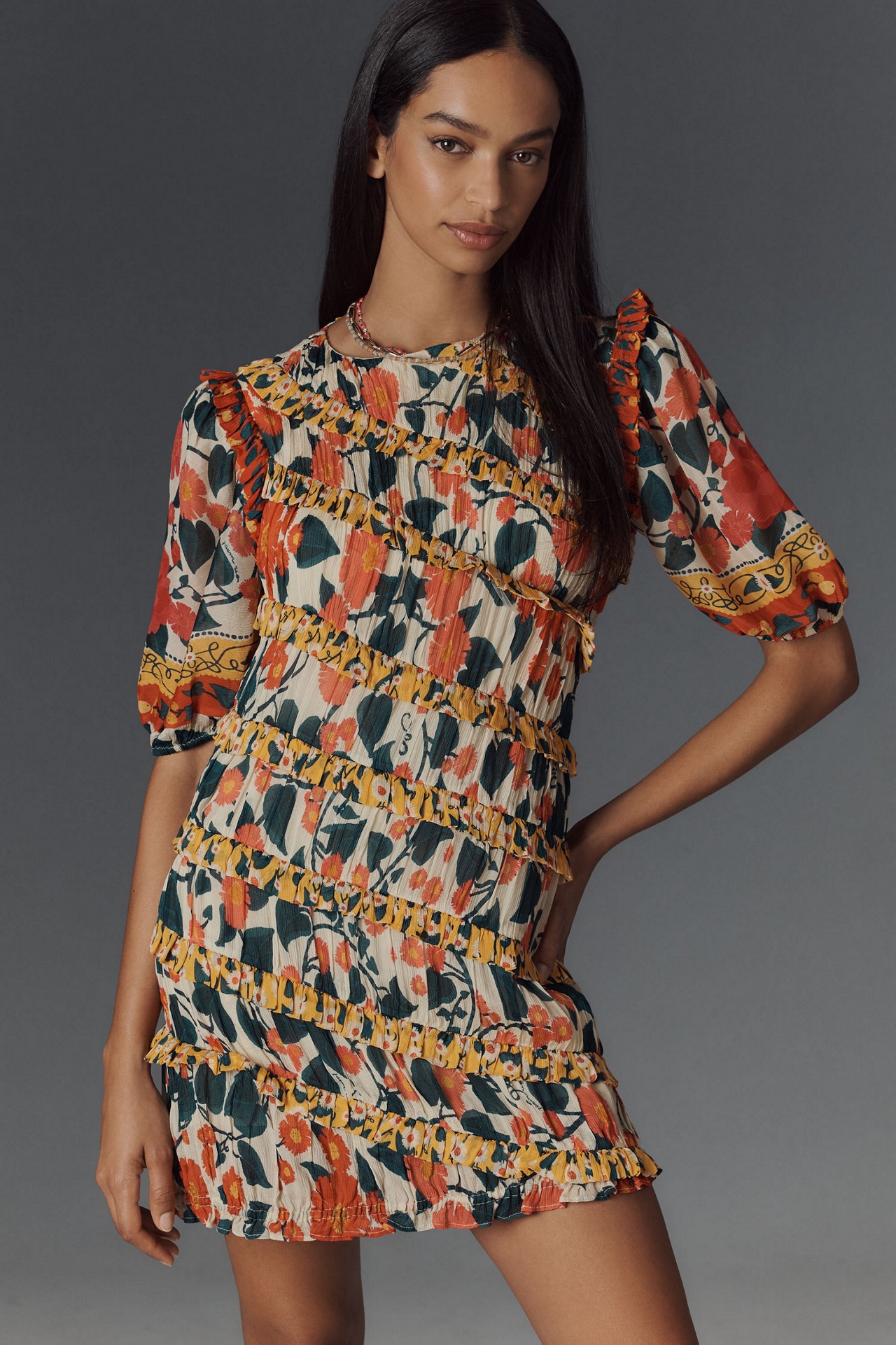 FARM Rio Puff Sleeve Fitted Mini Dress