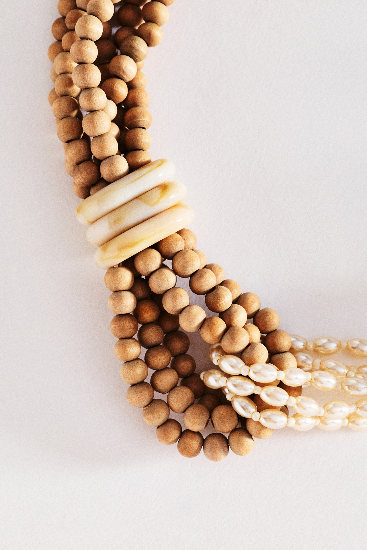 Wood Bead and Pearl Interlock Necklace