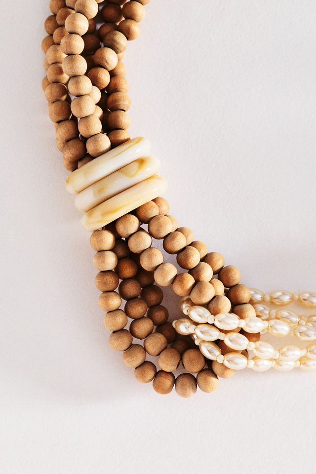 Wood Bead and Pearl Interlock Necklace #1