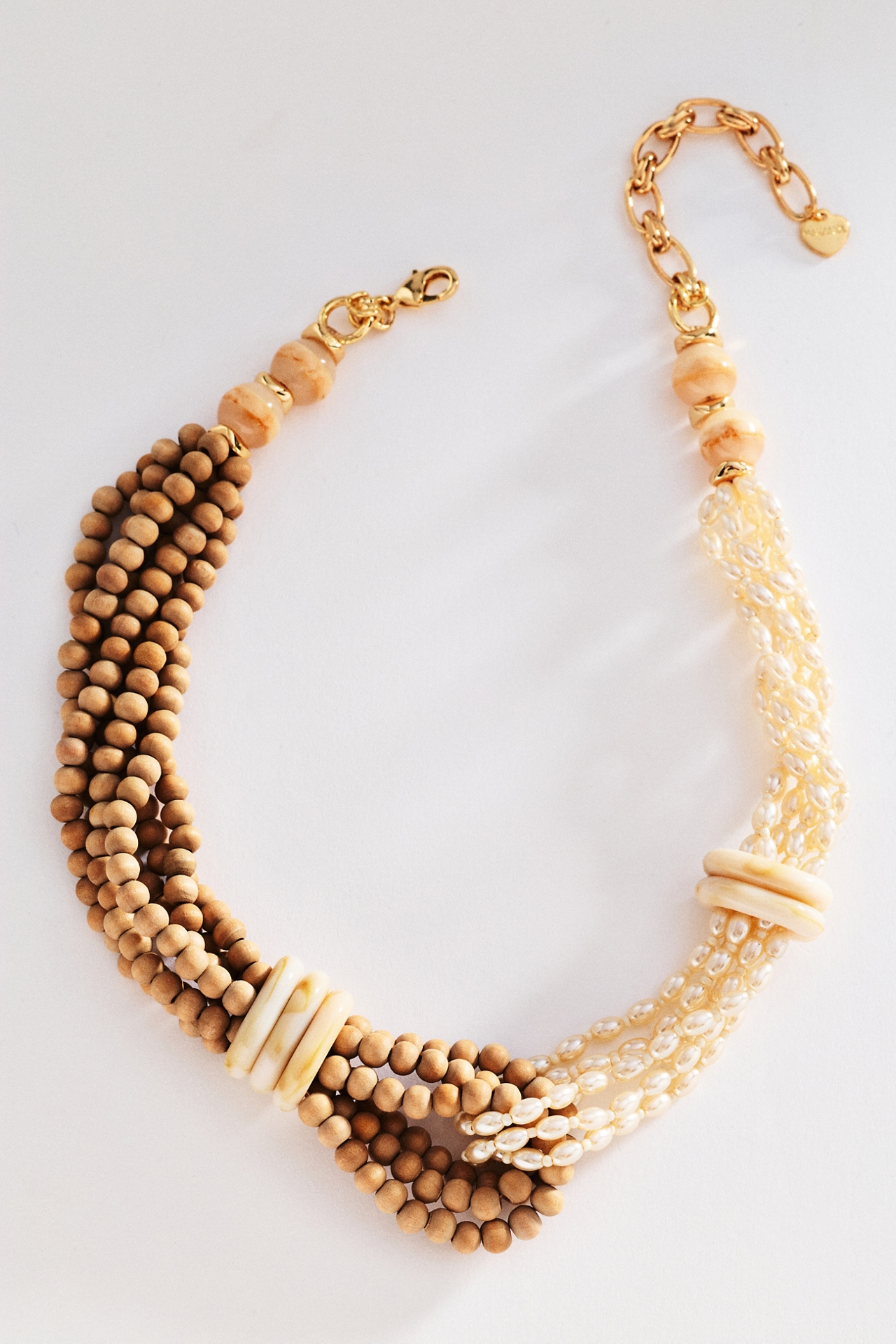 Wood Bead and Pearl Interlock Necklace
