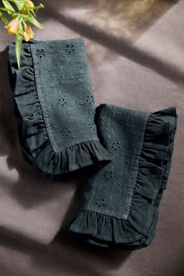 Ruffled Black Cotton Napkins, Set of 2