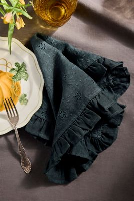 Ruffled Black Cotton Napkins, Set of 2