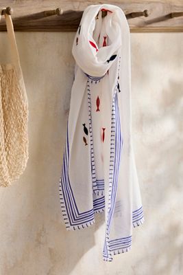 Embroidered Fish Square Cotton Scarf