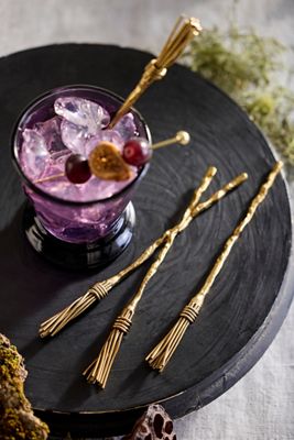 Brass Broom Drink Stirrers, Set of 4