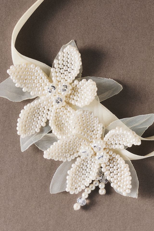 Pearled Orchid Ribbon Wrap Choker #1