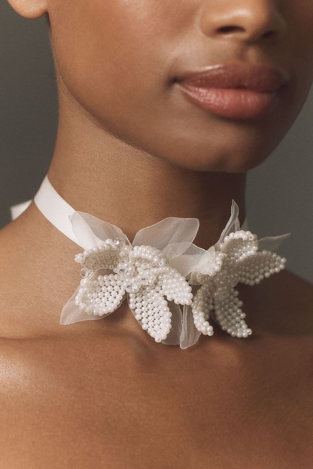 Pearled Orchid Ribbon Wrap Choker #3