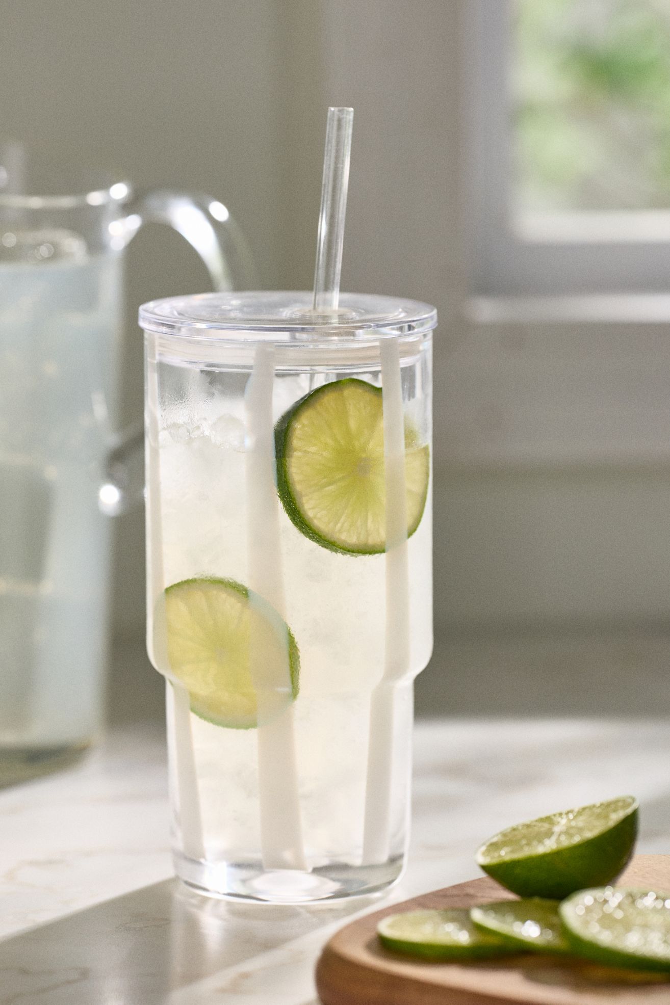 The Ribbon Stripe Glass Tumbler with Lid - Clear & White, One Size