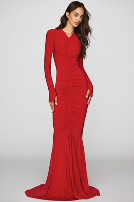 Long-Sleeve Shirred Maxi Dress