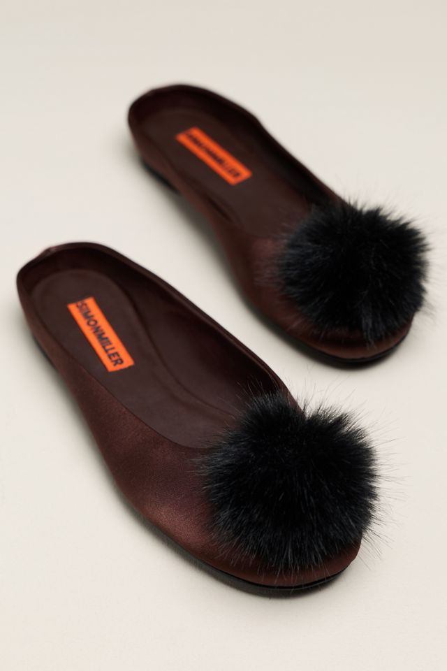 SIMONMILLER Pom Pom Riad Satin Ballet Mule Flats #1