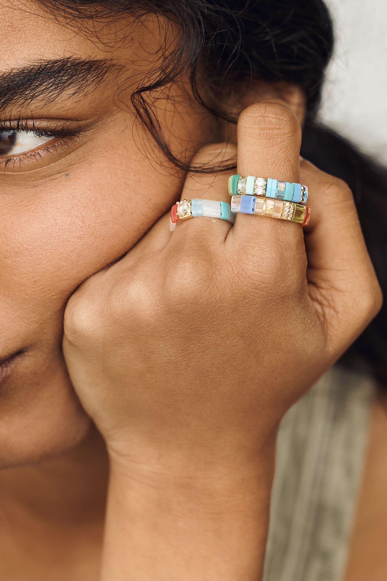Beaded Chicklet Rings, Set of 3