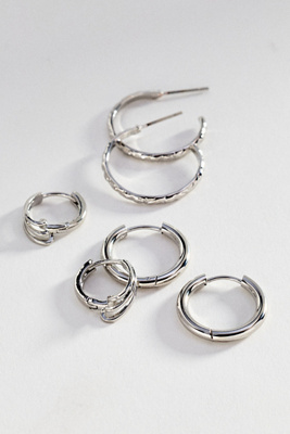 By Anthropologie Women's Silver Textured Hoop Earrings, Set Of 3