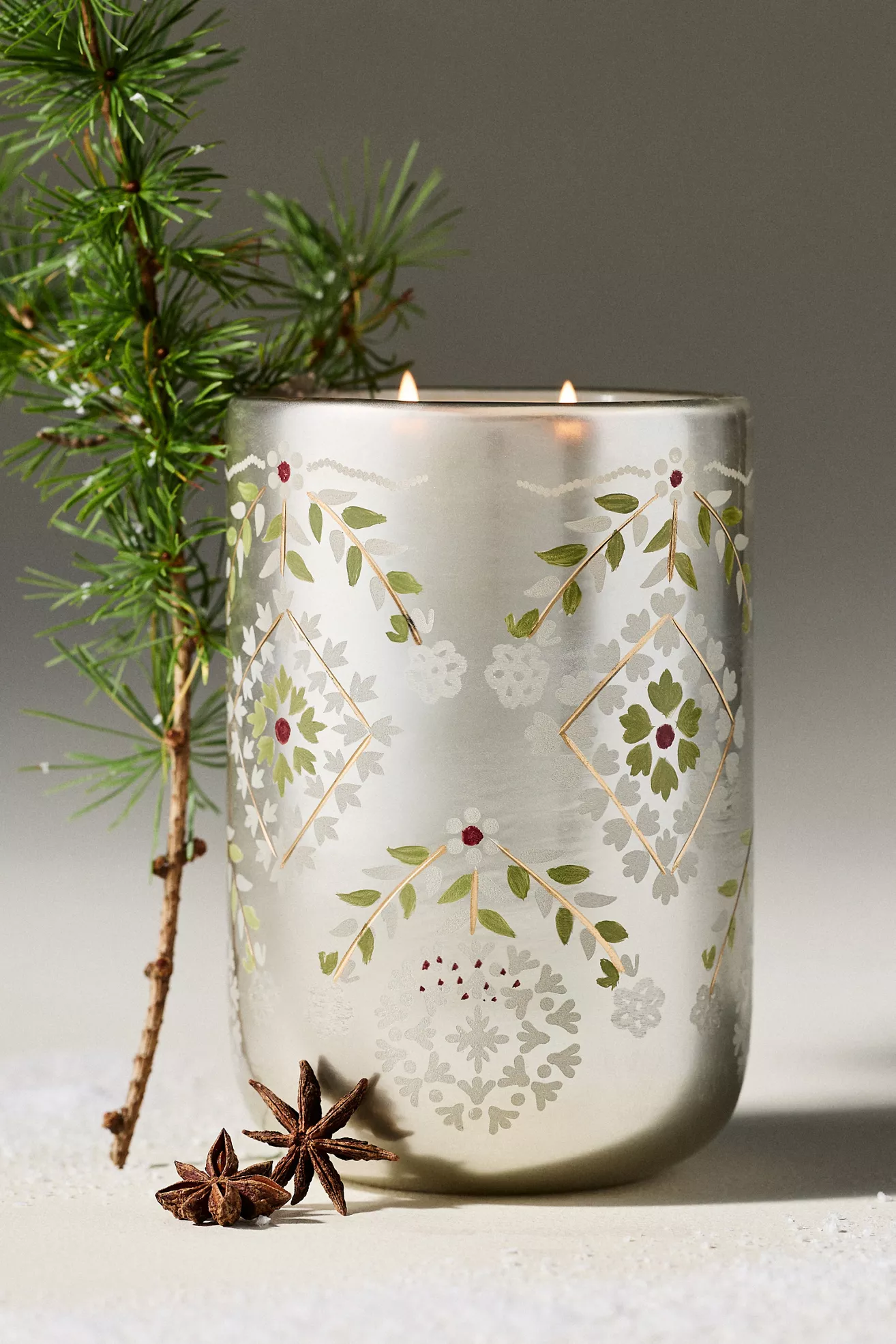 Festive Handpainted Woody Frosted Garland Glass Decorator Candle