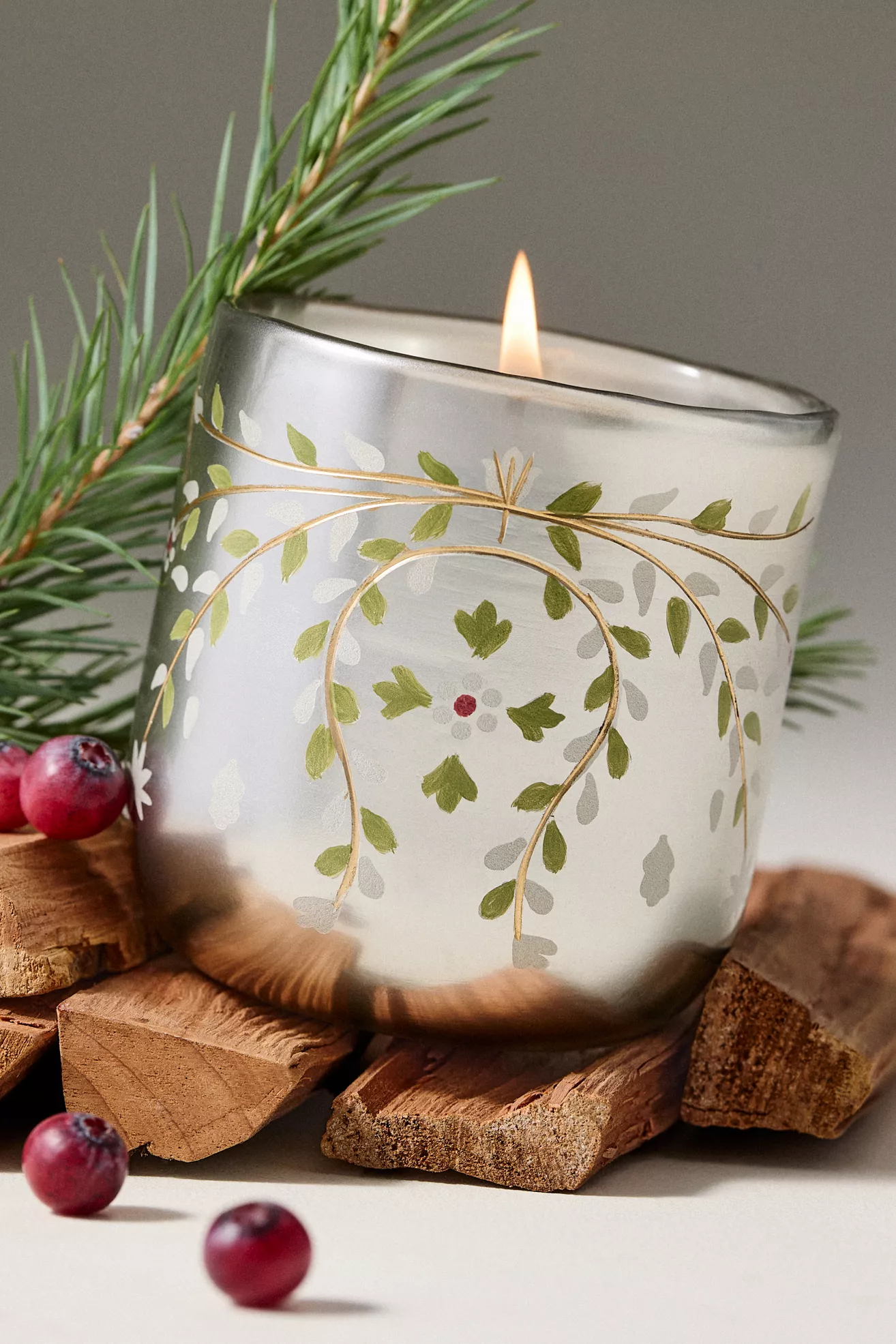 Festive Hand-Painted Woody Fresh Balsam & Cedarwood Glass Decorator Candle