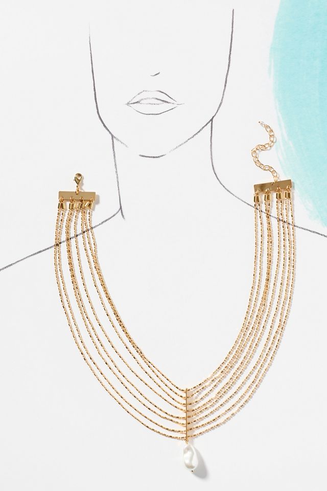 Layered Chain Pearl Pendant Necklace #2