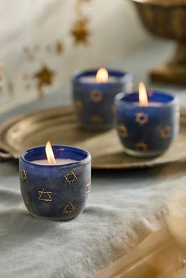 Hanukkah Creamy Santal Glass Candles, Set of 3