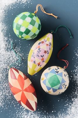 Paper Mache Quilted Bauble Ornament, Set of 4