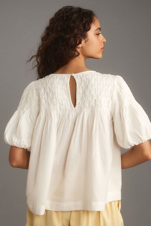 The Liza Puff-Sleeve Smocked Linen Top #2