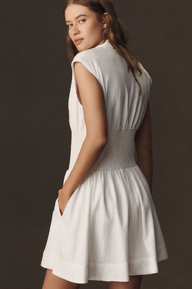 Maeve The Tommie Cap-Sleeve Smocked Front-Zip Shirt Dress: Linen Mini Edition #1