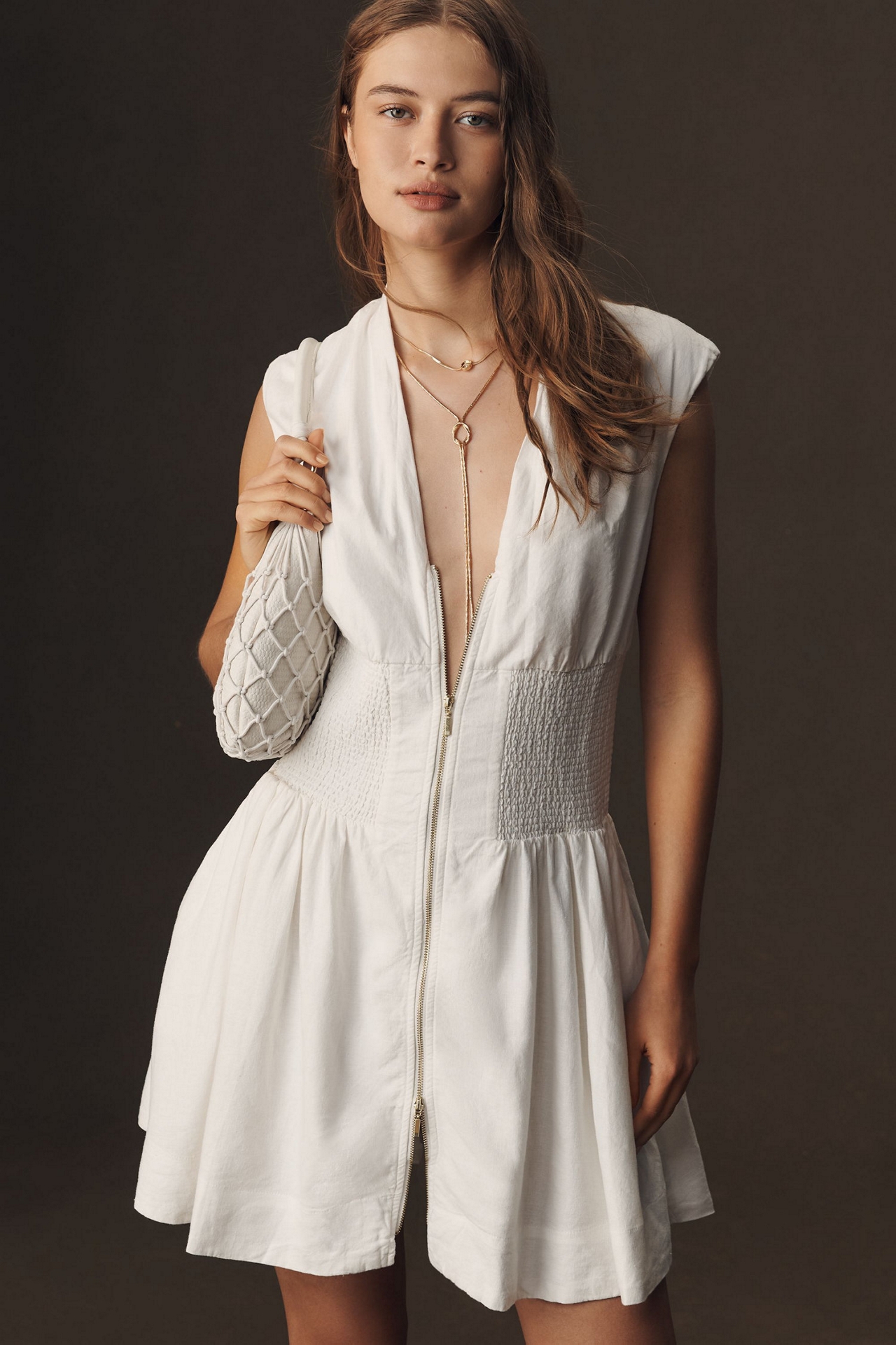 Maeve The Tommie Cap-Sleeve Smocked Front-Zip Shirt Dress: Linen Mini Edition