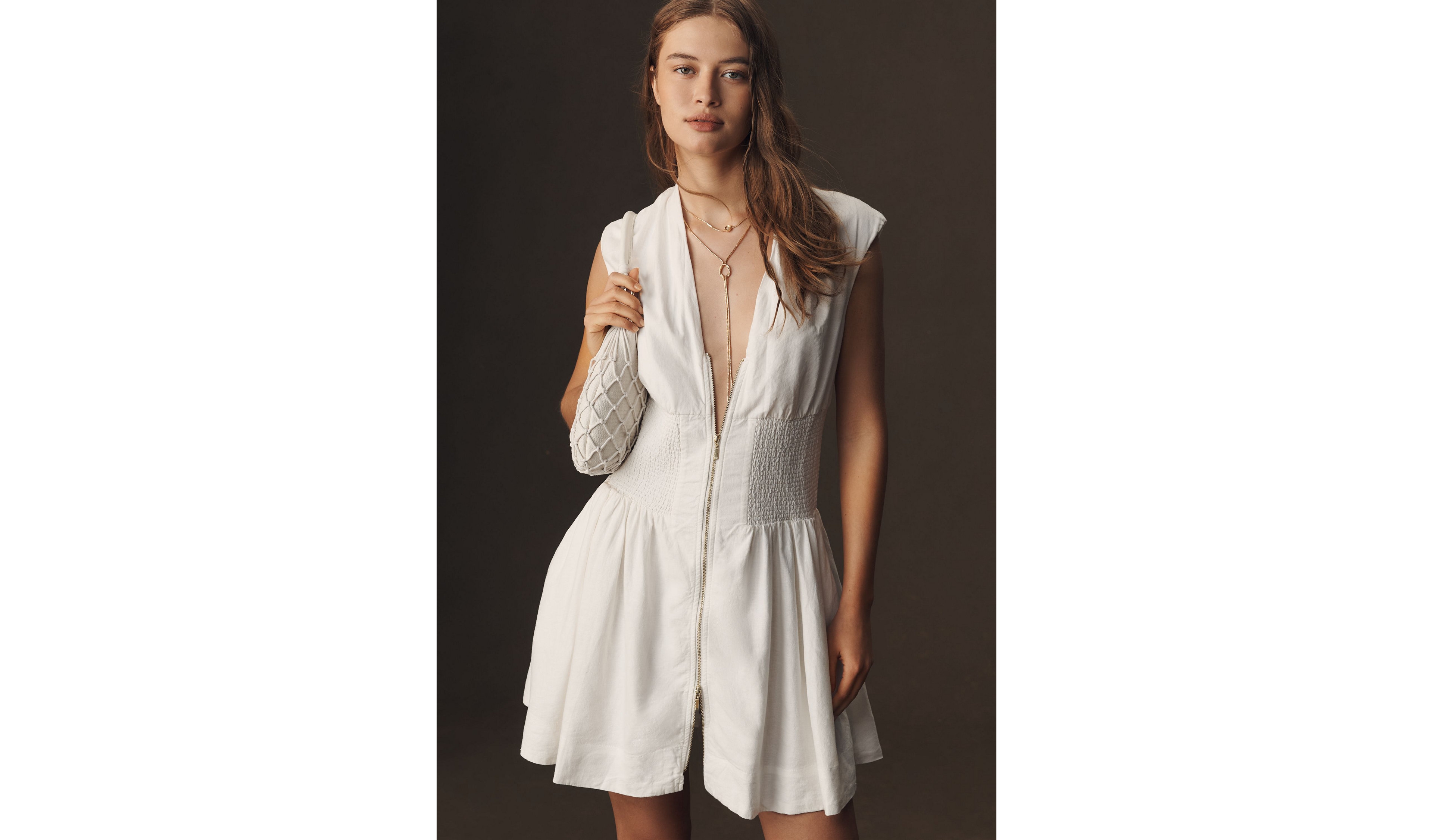 Maeve The Tommie Cap-Sleeve Smocked Front-Zip Shirt Dress: Linen Mini Edition