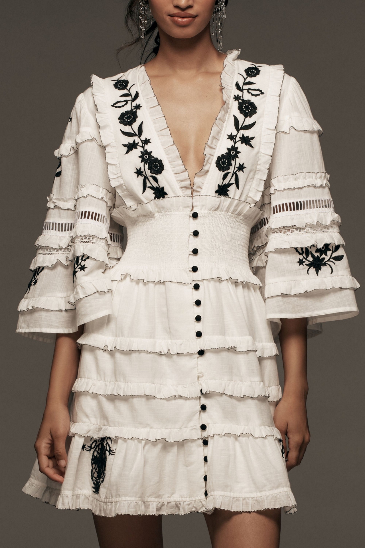 Embroidered V-Neck Ruffled Mini Dress