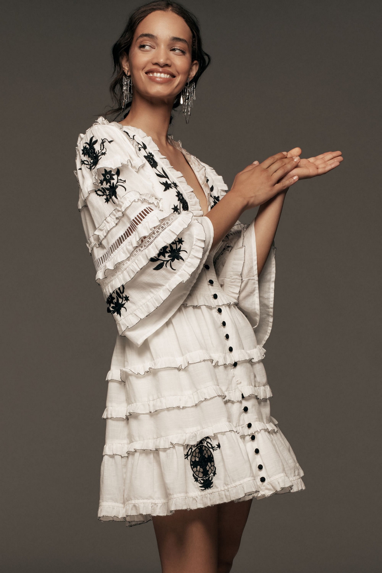 Embroidered V-Neck Ruffled Mini Dress