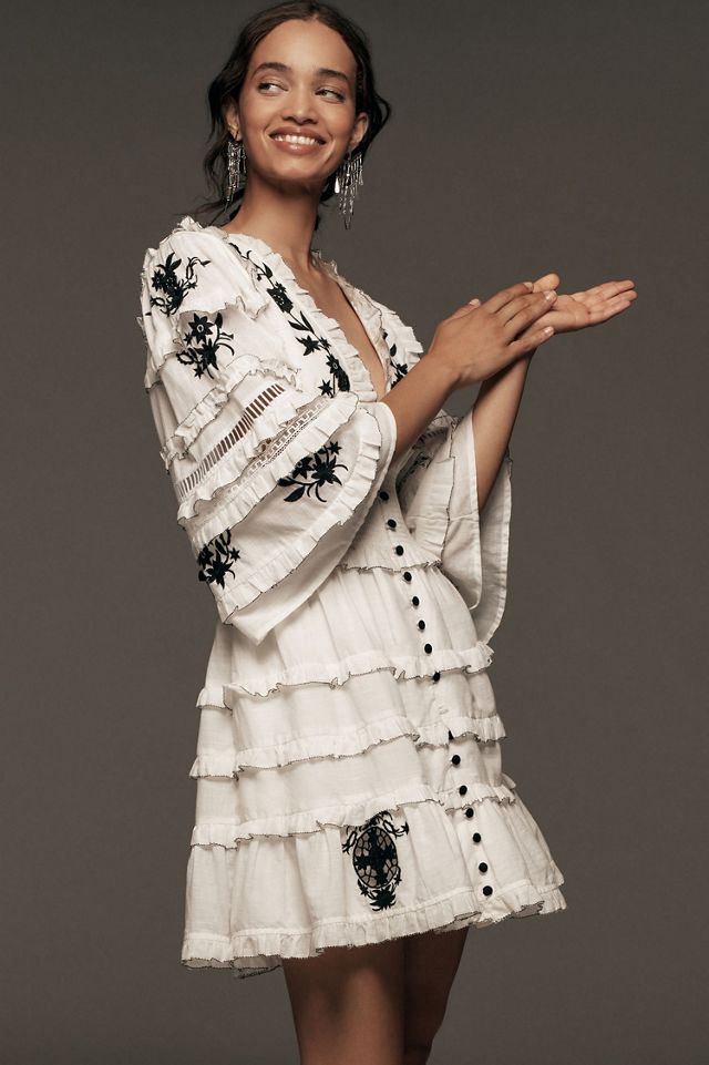 floral embroidered ruffle neck mini dress 3/4 Sleeve Flower Embroidery Ruffle Neck Mini Dress