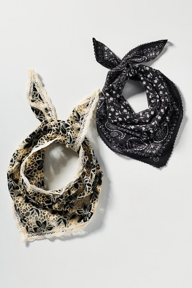 By Anthropologie 100% Cotton Lace Bandana Hair Scarves, Set of 2 #1