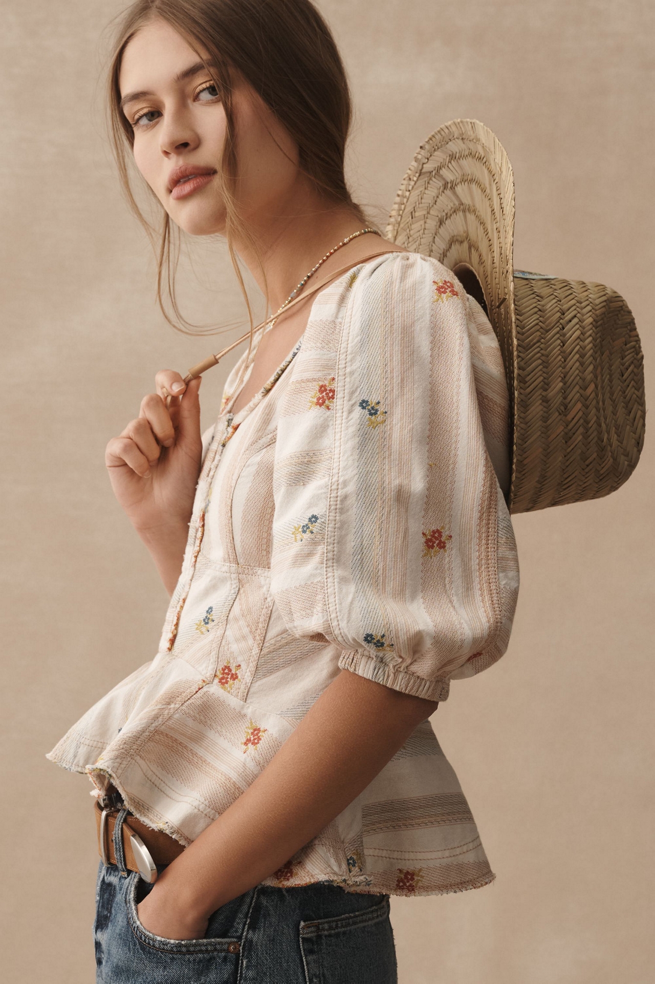 Pilcro Puff-Sleeve Peplum Blouse