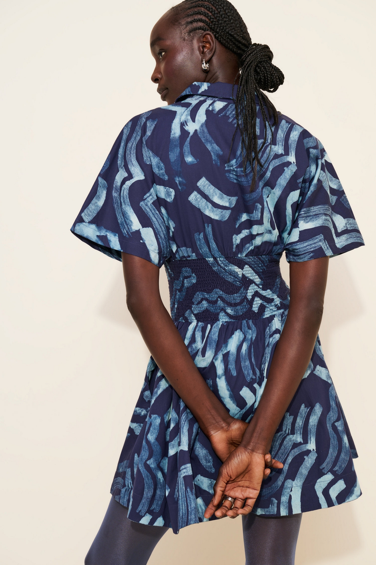 The Tommie Short-Sleeve Smocked Front-Zip Mini Shirt Dress