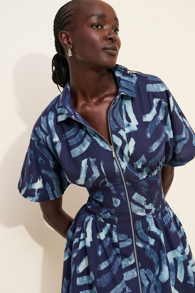 The Tommie Short-Sleeve Smocked Front-Zip Mini Shirt Dress