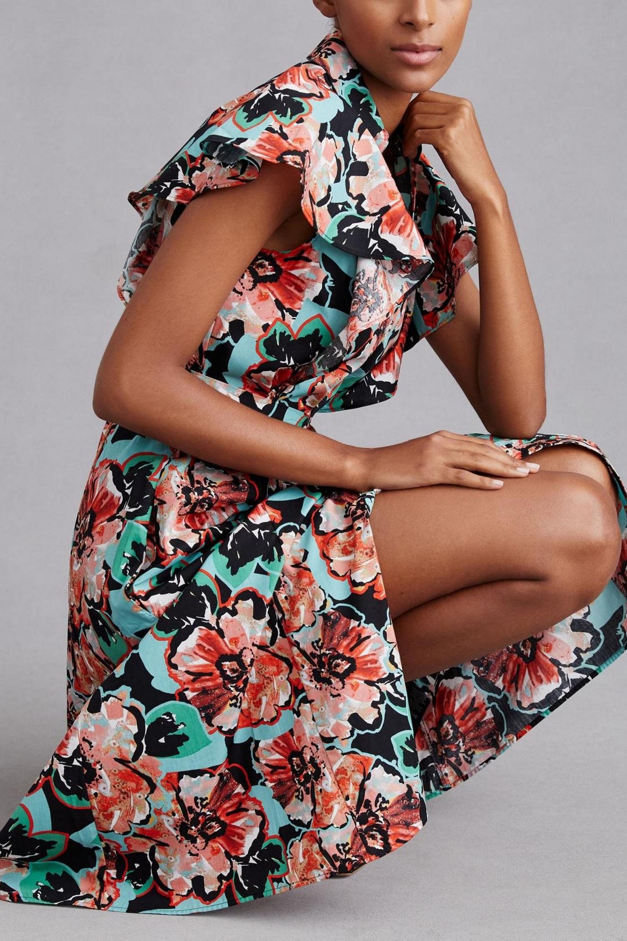 Maeve Flutter-Sleeve Midi Shirt Dress