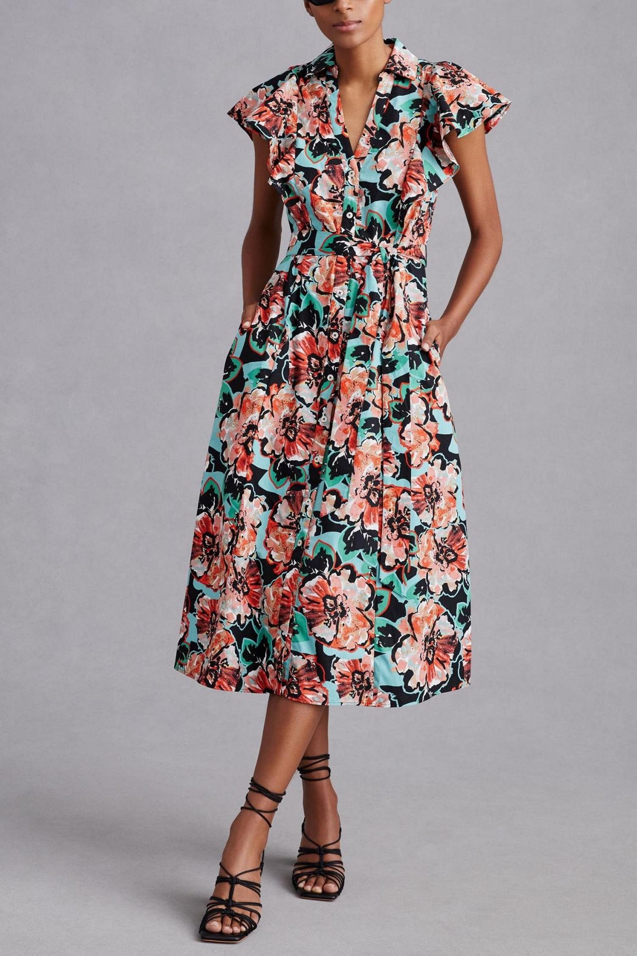 Maeve Flutter-Sleeve Midi Shirt Dress
