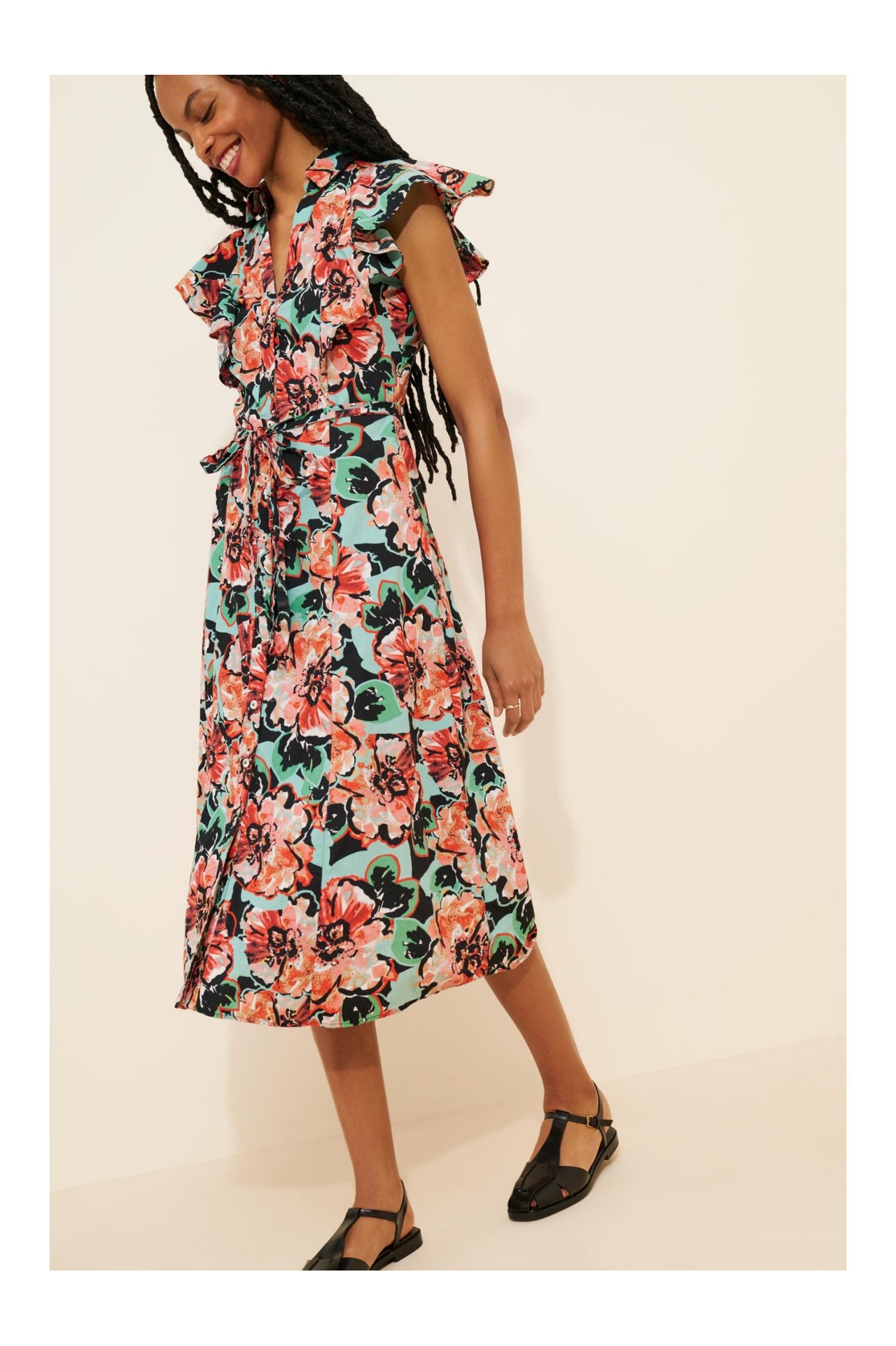 Maeve Flutter-Sleeve Midi Shirt Dress