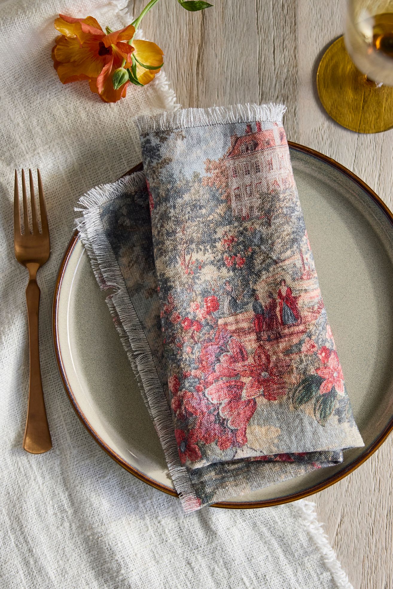Anthropologie Vintage Tapestry Linen Napkins, Set of 2 - Moss, One Size