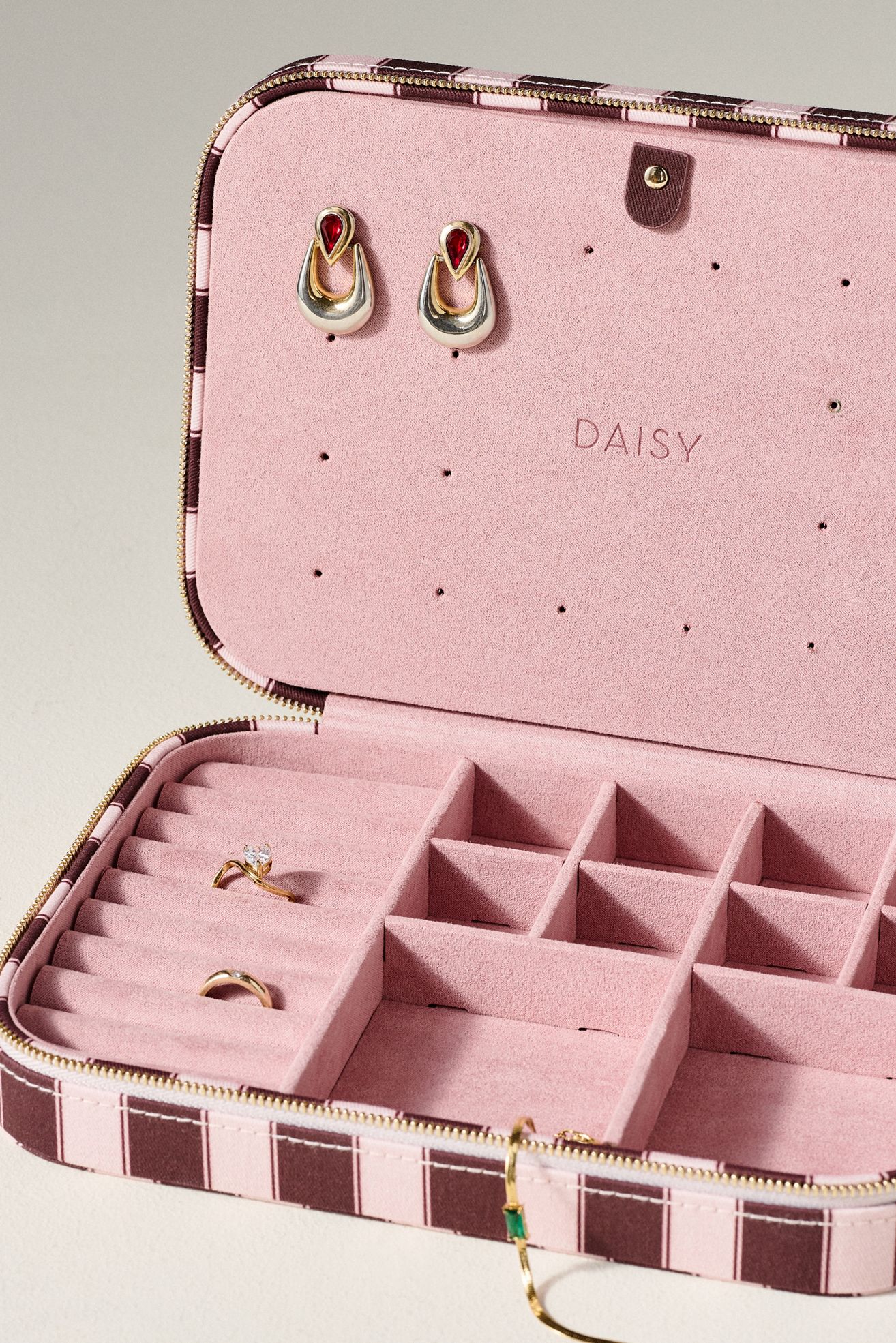 Daisy London Patterned Travel Jewelry Case - Pink/Brown Stripe, One Size