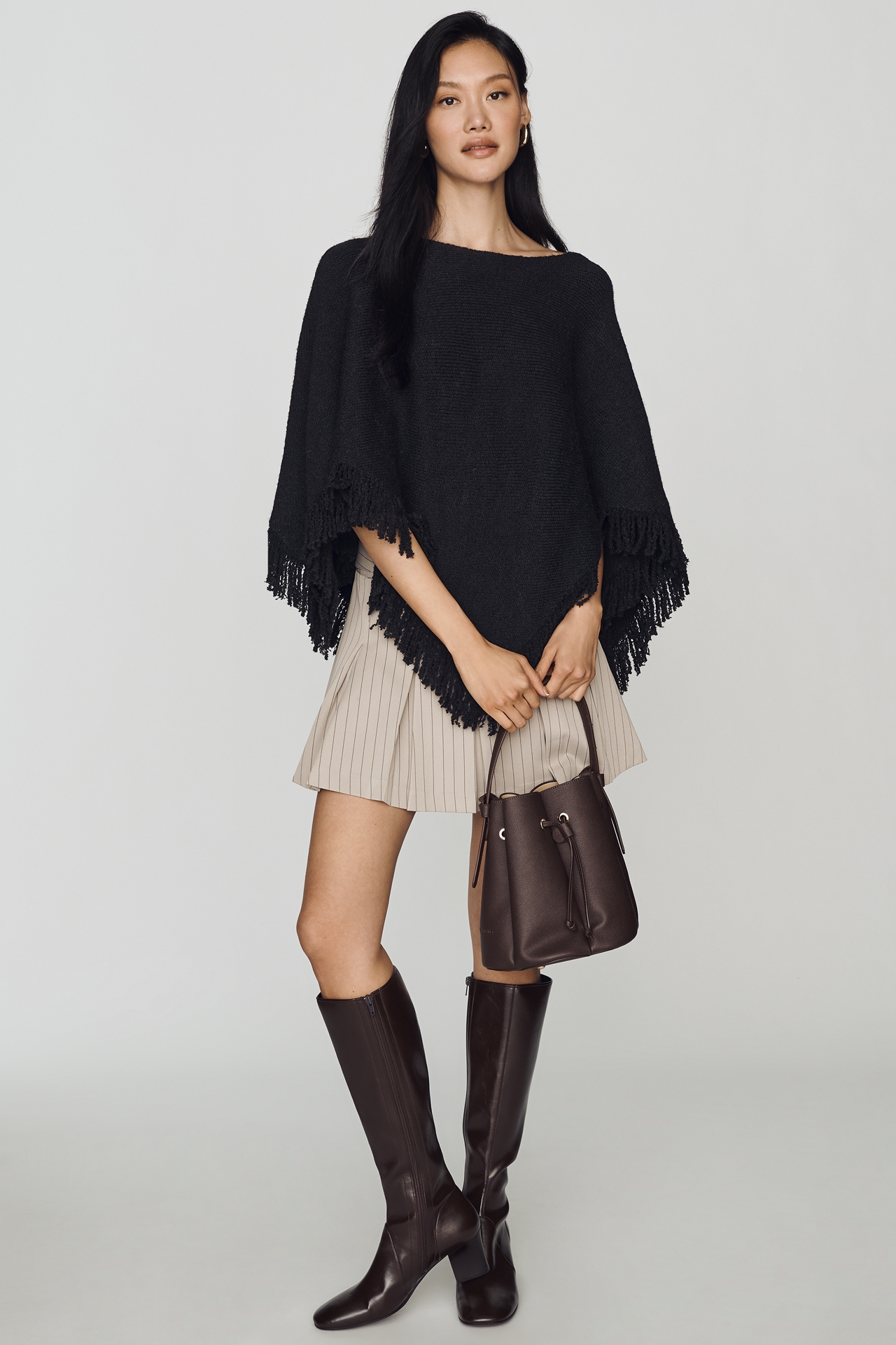 By Anthropologie Knit Fringe Triangle Poncho