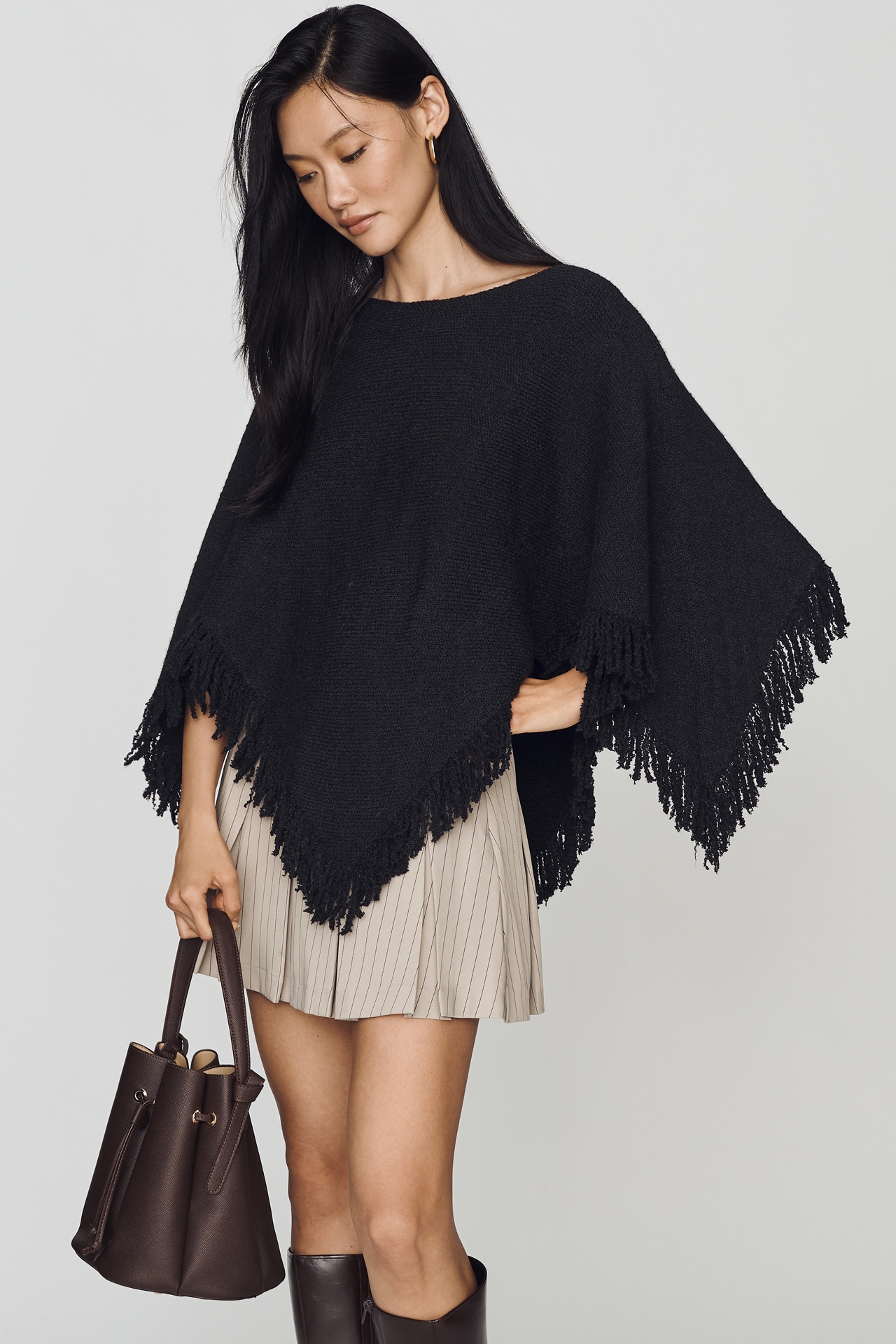 By Anthropologie Knit Fringe Triangle Poncho