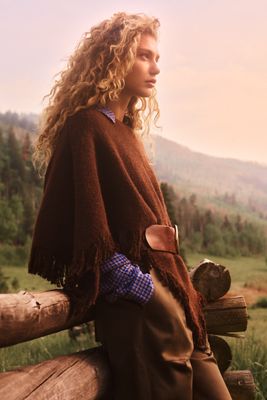 By Anthropologie Knit Fringe Triangle Poncho