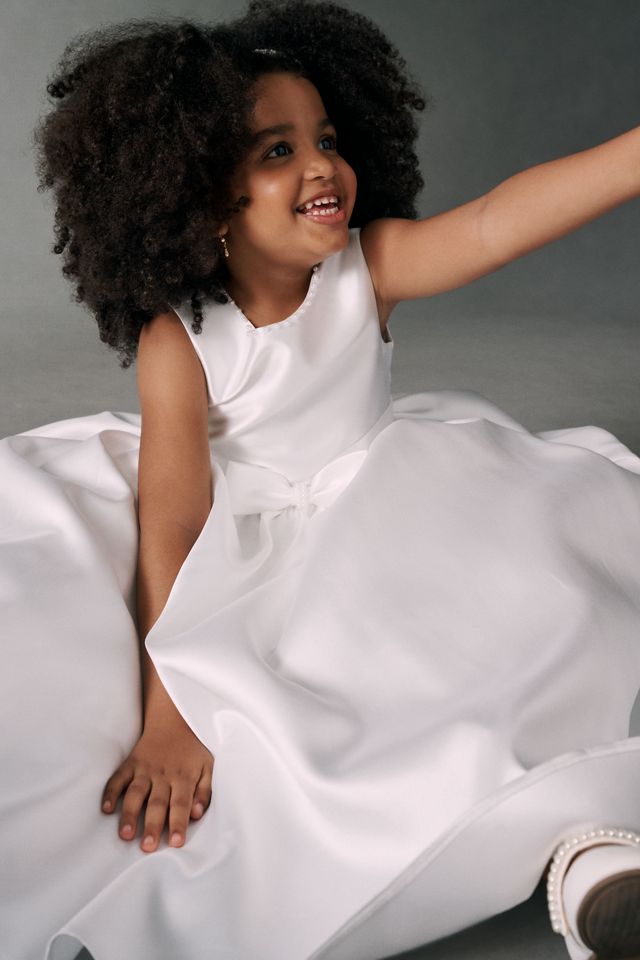 Princess Daliana Satin Pearl Bow Flower Girl Dress #3