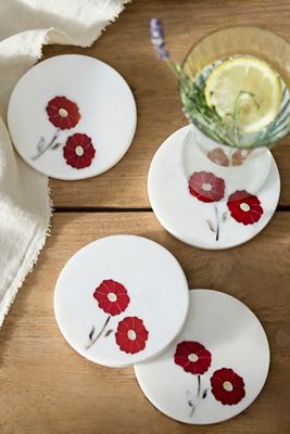 Floral Inlay Marble Coasters, Set of 4